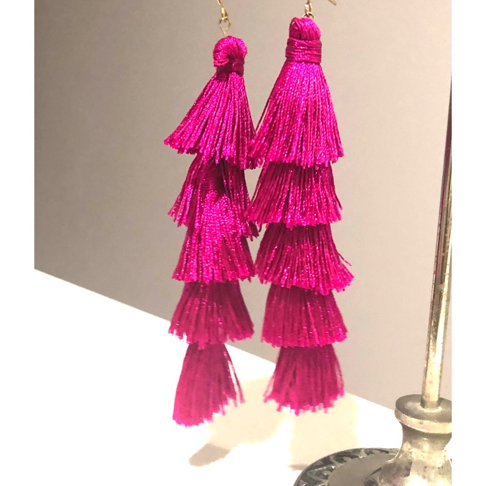 Fuchsia Drop Tassel Statement Earrings, 3.5”